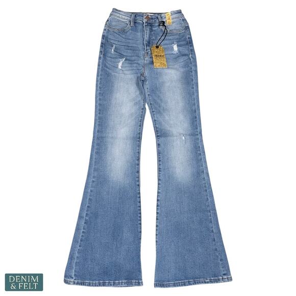 Vibrant M.I.U Distressed High Rise Flare Denim Jean Light Wash Size 7 W27 NEW - Picture 1 of 9